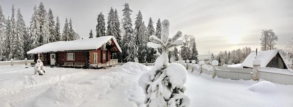 日志农舍桃花心木染色的木头, 在雪冬天冷杉森林. — 图库照片