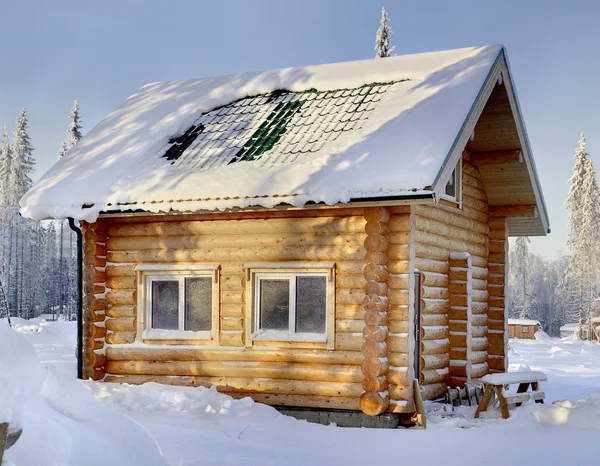 New wooden Russian sauna on a sunny winter day, the view from the outside, against the backdrop of snow-covered forest. — Stock Photo, Image