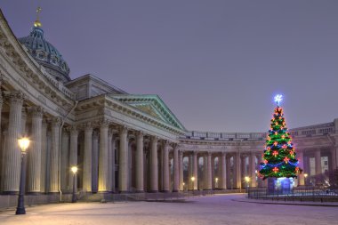Tasarımcılar açık Noel ağacı karşısında Kazan Katedrali, Saint Petersburg, Rusya Federasyonu.