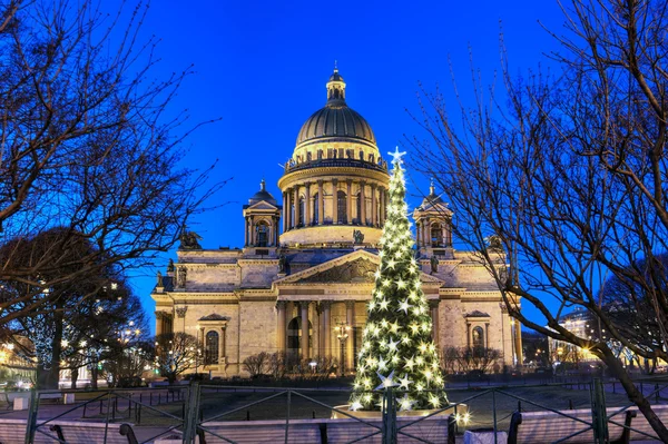 Nachtverlichting van de kerstboom voor St. Isaac's Cathedral. — Stockfoto