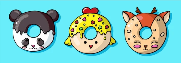 Glazed bonito conjunto de animais donut. Donuts isolados com esmalte e mordida —  Vetores de Stock