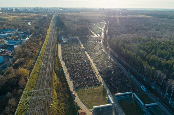 Aerial view of fresh graves in the Butovo cemetery on the outskirts of Moscow on November 09, 2020.