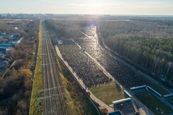 Aerial view of fresh graves in the Butovo cemetery on the outskirts of Moscow on November 09, 2020.