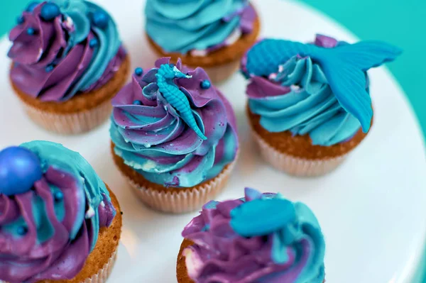 奶油松饼装饰有航海主题 自制蛋糕 蓝色和紫色奶油奶油 有选择地注重装饰 免版税图库图片