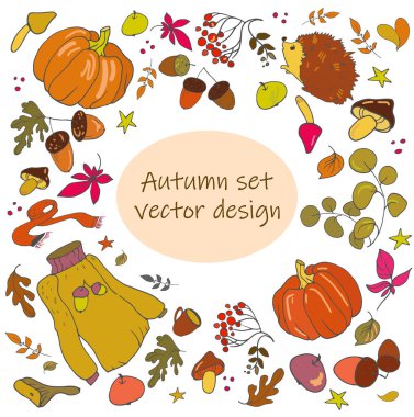 Sonbahar temalı, sebzeli, meyveli, yapraklı ve hayvanlı vektör setleri, karalama stilinde el çizimi, beyaz arkaplanda izole edilmiş renkli desenler.