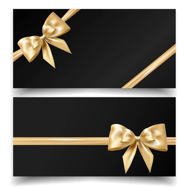 Luxury Black Gift Card Design Templates. Elegant banners with shiny gold satin ribbons and realistic bows for gift cards,branding, packaging, discount vouchers, digital ads, holiday promotions. Vector