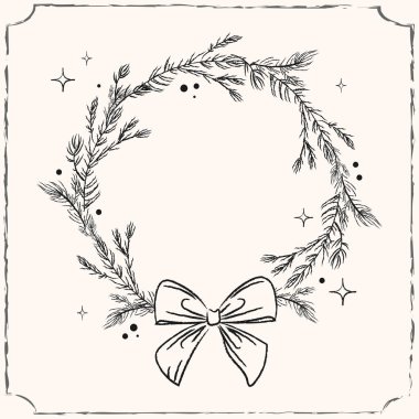Kutlama kartları, davetiyeler, ambalajlar, web tasarımı ve mevsimsel dekor projeleri için çizilmiş el yapımı çelenk. Vektör.