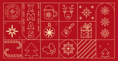 Noel ve Yeni Yıl soyut sanat afişi arkaplanı, bayrak, ambalaj, tekstil, baskı, web, promosyonlar için kırmızı üzerine basit bir tarzda Noel sembolleri ve simgeler. Vektör 