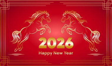 Çin Yeni Yıl 2026 kutlama tasarımı, kırmızı zemin üzerinde iki altın at, tebrik kartları, afişler, posterler, dijital davetiyeler, sosyal medya, şenlikli pazarlama için. Vektör illüstrasyonu