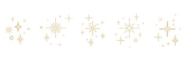 Bayram kartları, markalaşma, paketleme tasarımı, güzellik ürünleri, düğün, web tasarımı, mevsimsel pazarlama için çeşitli yıldız patlamaları ve beyaz zemin üzerinde parıldayan simgeler. Vektör