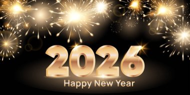 Büyük altın rakamlarla yeni yıl kutlamaları, bayram afişleri, tebrik kartları, sosyal medya, parti davetiyeleri, mevsimsel dijital pazarlama için siyah üzerine parlayan havai fişekler.