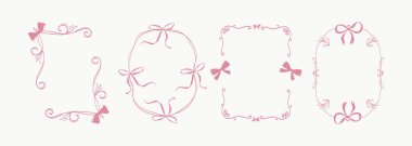 Kaprisli pembe kurdele ve fiyonk çerçeveleri, düğün davetiyeleri, bebek duşları, tebrik kartları, romantik hatıra defteri, baskı, ambalaj ve marka tasarımları için. Vektör illüstrasyonu