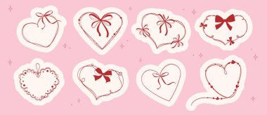 Sevgililer Günü etiketleri, kurdeleli ve kurdeleli kalplerle belirlenmiş. Kartlar, davetiyeler, hatıra defterleri, etiketler için minimalist tarzda el yapımı klasik cinsel ilişki sınırı. Vektör illüstrasyonu