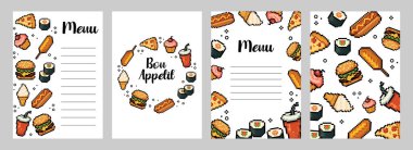 Geçmişe dönük pikseller, hamburgerler, pizza, suşi dijital menüler için içecekler, restoran broşürleri, çocuk menüleri, oyun arayüzleri, yiyecek temalı yazıcılar. Vektör