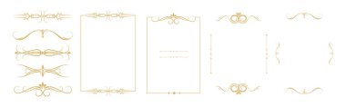 Düğün davetiyeleri, tebrik kartları, sertifikalar, ambalajlar, ambalajlar, posterler, menüler ve lüks baskı için klasik tarzda hazırlanmış altın çerçeveler, köşeler ve dekoratif bölücüler. Vektör illüstrasyonu