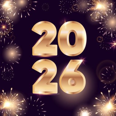 Yeni yıl kartları, etkinlik afişleri, davetiyeler, takvimler, sosyal medya, dijital afişler, tatil pazarlaması için arka planda parlak havai fişek tasarımı olan altın 2026 numara. Vektör