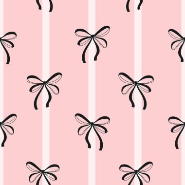 Kumaş, ambalaj, kırtasiye malzemeleri, hediye paketi ve dijital tasarım için dikey açık pembe ve beyaz çizgiler üzerinde siyah kurdeleli kusursuz desen. Vektör illüstrasyonu