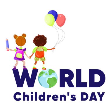 Dünya Çocuk Günü konsepti, balonlarla ve sırt çantalarıyla el ele tutuşan iki mutlu çocuğun Dünya Çocuk Günü yazı ve küre sembolü. Vektör illüstrasyonu