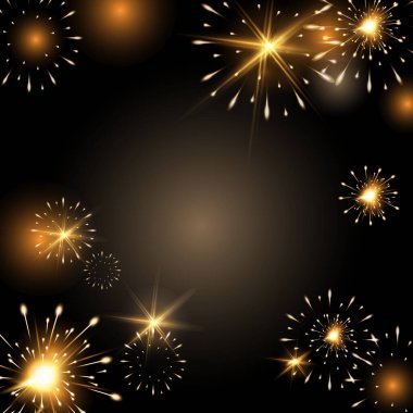 Altın havai fişekler ve parlayan kıvılcımlar, karanlık arka planda, boş merkezde, yeni yıl kutlamaları için, bayram tebrik kartları, festival posterleri, parti davetiyeleri, etkinlik dekorasyonu, afişler.