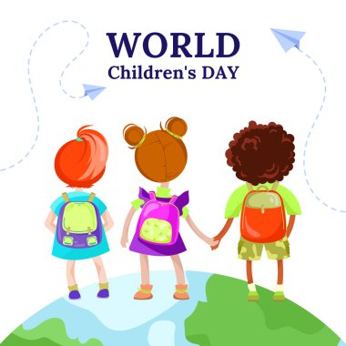 Çeşitli çocuklar el ele tutuşuyor, sırt çantalarıyla, Dünya ve Dünya Çocuk Günü 'nde duruyor. Posterler, okul projeleri, eğitim kampanyaları, çocuk etkinlikleri için metin vektör çizimi yapıyor.