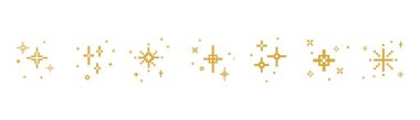 Set of minimalist golden sparkle icons twinkles, starbursts, and glitter elements, ideal for holiday cards, packaging, web design, branding, digital scrapbooking, and festive decorations. Vector