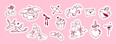 Valentine Love Sticker Set elle çizilmiş karalamalar aşk tanrısı, kalpler, şampanya, aşk kuşları, kirazlar, kek, zarf, kart için fiyonk, ambalaj, koleksiyon defteri, mal, sosyal medya, dijital dekorasyon.