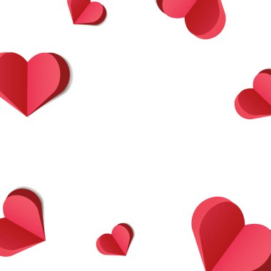 Sevgililer Günü çerçevesi, beyaz arka planda kırmızı 3 boyutlu kağıt kesikli kalpler, Sevgililer Günü kartları için ideal, temalı sosyal medya paylaşımları, düğün davetiyeleri, romantik afişler, basılabilir tasarımlar. Vektör