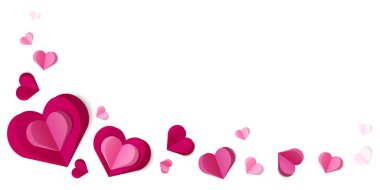 Kağıt kesiği şeklinde katmanlı pembe ve kırmızı kalpleri olan romantik bir köşe tasarımı. Sevgililer Günü kartları, düğün davetiyeleri, aşk posterleri, afişler, basılabilir tablolar ve dijital şablonlar.