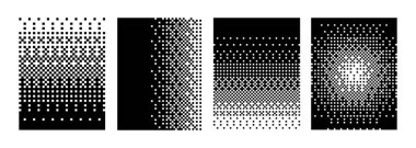 Siyah ve Beyaz Bitmap Yarım Tonlama Gradyan posterleri şablonları kaplar. Bitmap dokuları ve dijital tasarım, teknolojik görseller, arka planlar ve retro grafikler için soyut noktalı geçişler. Vektör