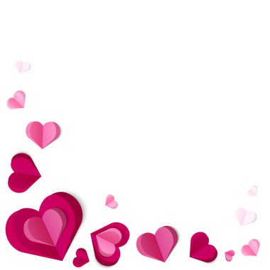 Sevgililer Günü için beyaz zemin üzerinde pembe kağıt kesilmiş kalpler ve sol köşede romantik arka plan, düğün davetiyeleri, aşk kartları, sosyal medya iletileri, afişler, baskı kalıpları. Vektör