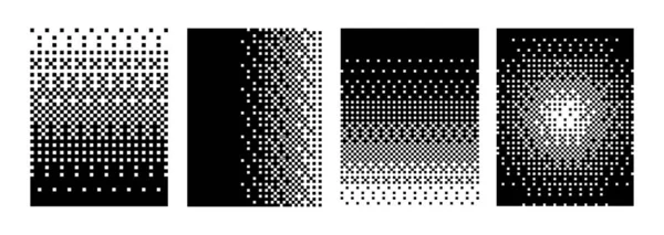 Siyah ve Beyaz Bitmap Yarım Tonlama Gradyan posterleri şablonları kaplar. Bitmap dokuları ve dijital tasarım, teknolojik görseller, arka planlar ve retro grafikler için soyut noktalı geçişler. Vektör