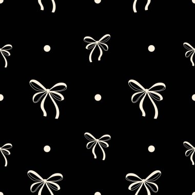 Moda tekstil ürünleri, ambalaj kâğıdı, ambalaj tasarımı, dijital kağıt, yapıştırma defteri, kırtasiye malzemesi için siyah arka planda krem el yayı ve polka noktalarıyla kusursuz desen. Vektör illüstrasyonu