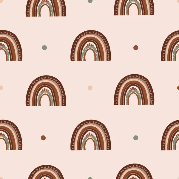 Bebek dekoru, bebek kıyafetleri, tekstil, duvar kağıtları, ambalaj kağıdı, dijital arka plan ve çocuk odası tasarımları için bej üzerine el çizimi boho gökkuşağı ve yumuşak pastel noktalar.