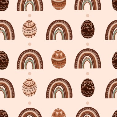 Kumaş tasarımı, dijital kağıt, hatıra defteri projeleri ve tatil baskısı için el yapımı gökkuşağı ve toprak tonlarında yumurtaları olan Boho Paskalya Kusursuz Deseni. Vektör illüstrasyonu