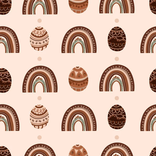 Kumaş tasarımı, dijital kağıt, hatıra defteri projeleri ve tatil baskısı için el yapımı gökkuşağı ve toprak tonlarında yumurtaları olan Boho Paskalya Kusursuz Deseni. Vektör illüstrasyonu