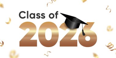 2026 mezuniyet pankartı altın tipografi, siyah havan topu ve konfeti, mezuniyet duyuruları, okul posterleri, sosyal medya kapakları, web pankartları, davetiyeler, baskı tasarımları. Vektör