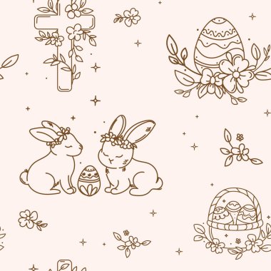 Sevimli tavşancıklarla paskalya pürüzsüz deseni süslü yumurtalar çiçekler ve yıldızlar tekstil kumaş duvar kağıtları için minimum bahar çizgisi vektör arkaplanı kağıt ambalaj kağıtları.
