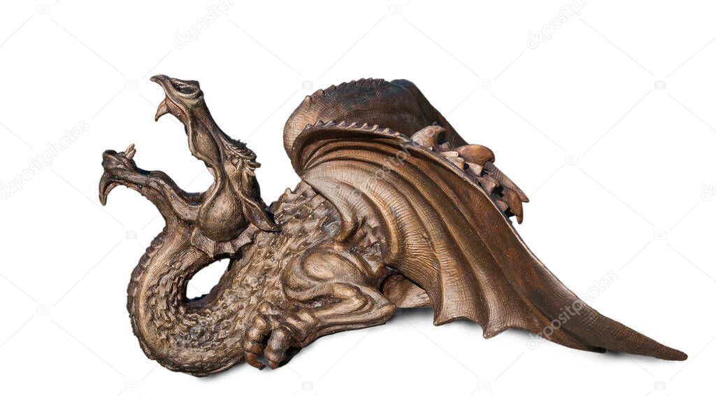 Bronze dragon with wings on a white background