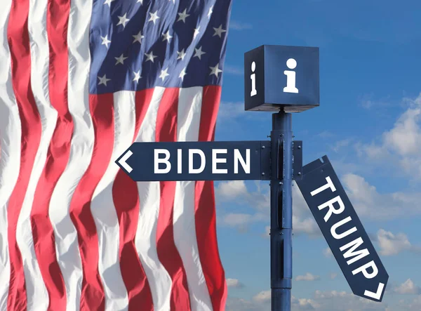 The names of Presidents Donald Trump and Joe Biden on the roadside sign on the background of the American flag