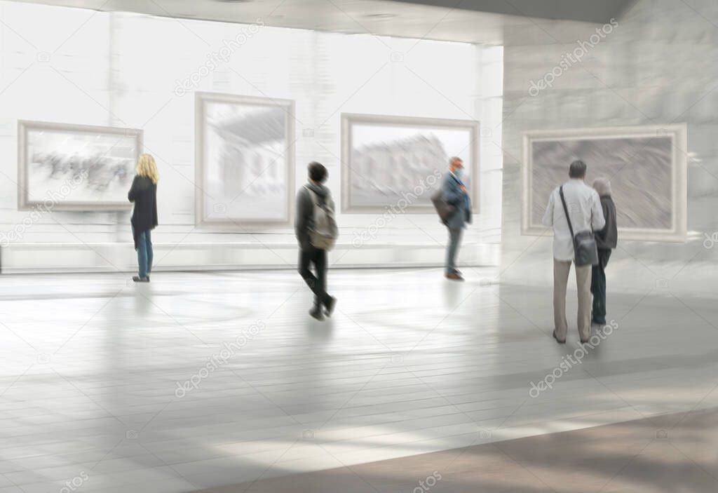 Abstract image of people in the hall of the exhibition hall
