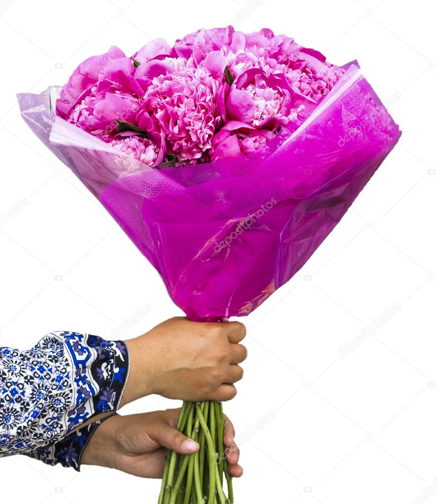 Hands with a bouquet of flowers on a white background 