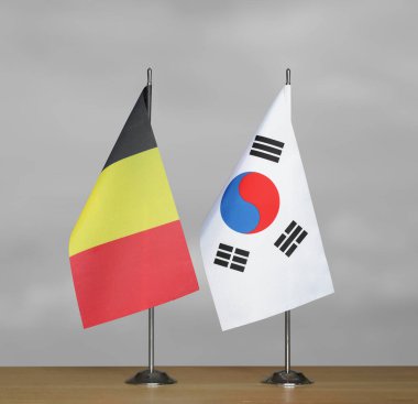 Belçika ve Güney Kore 'nin bayrakları gri bir arka planda duruyor.