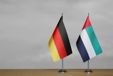 Almanya ve Emirliklerin bayrakları gri arka planda duruyor