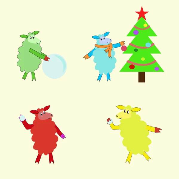 Cuatro ovejas aisladas divirtiéndose en invierno — Vector de stock