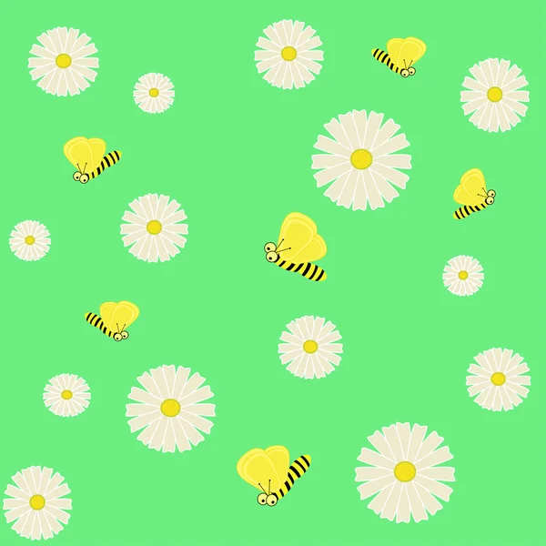 Seamless small bees fly among small daisies — Stock Vector