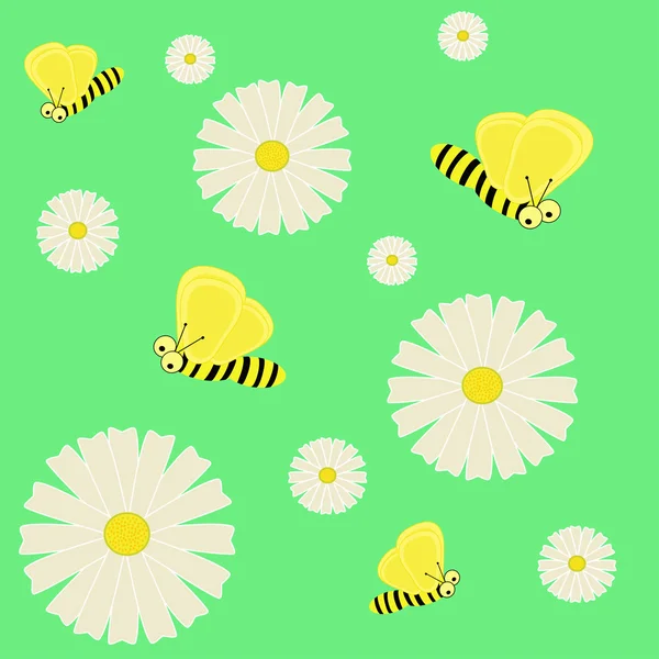 Nahtlose große Bienenfliege zwischen großen Gänseblümchen — Stockvektor