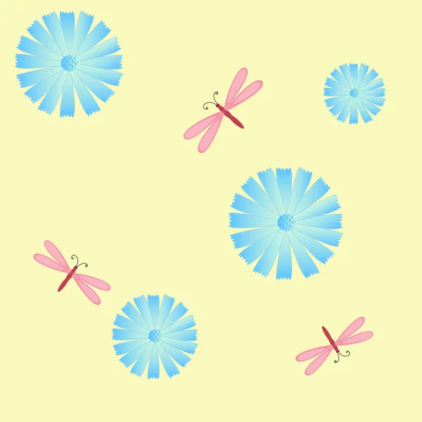 Sans couture de fleurs de chicorée bleue et libellules — Image vectorielle