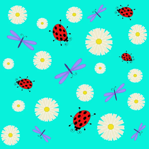 Coccinelles et libellules sans couture parmi les marguerites — Image vectorielle