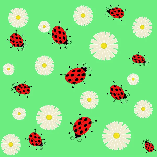 Coccinelles sans couture parmi les marguerites — Image vectorielle