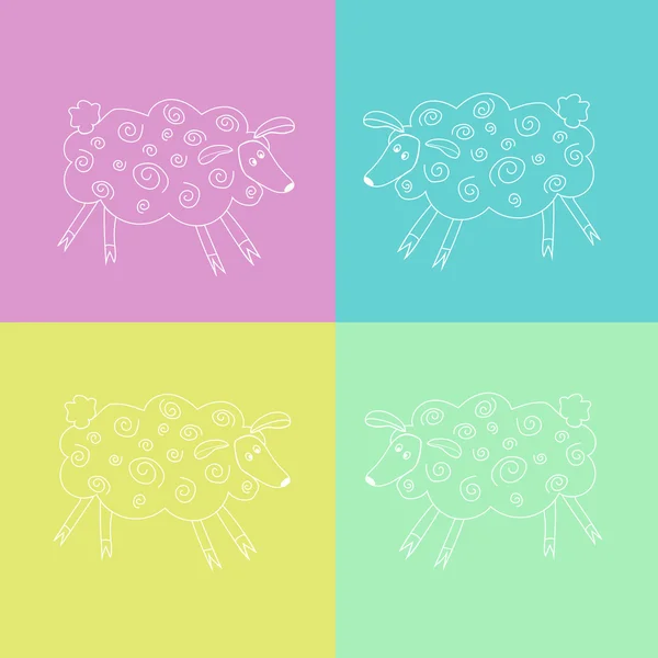 Cuatro ovejas blancas sobre un fondo colorido — Vector de stock